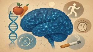 Saúde e Equilíbrio - Diagrama visual que ilustra a interação de fatores genéticos, estilo de vida e envelhecimento nas doenças degenerativas.
