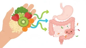 O Papel das Fibras - Infográfico da jornada das fibras alimentares e seu impacto na saúde digestiva.