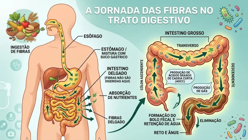 O Papel das Fibras: Por Que São Essenciais na Digestão 1 Jornada das fibras pelo intestino até a microbiota