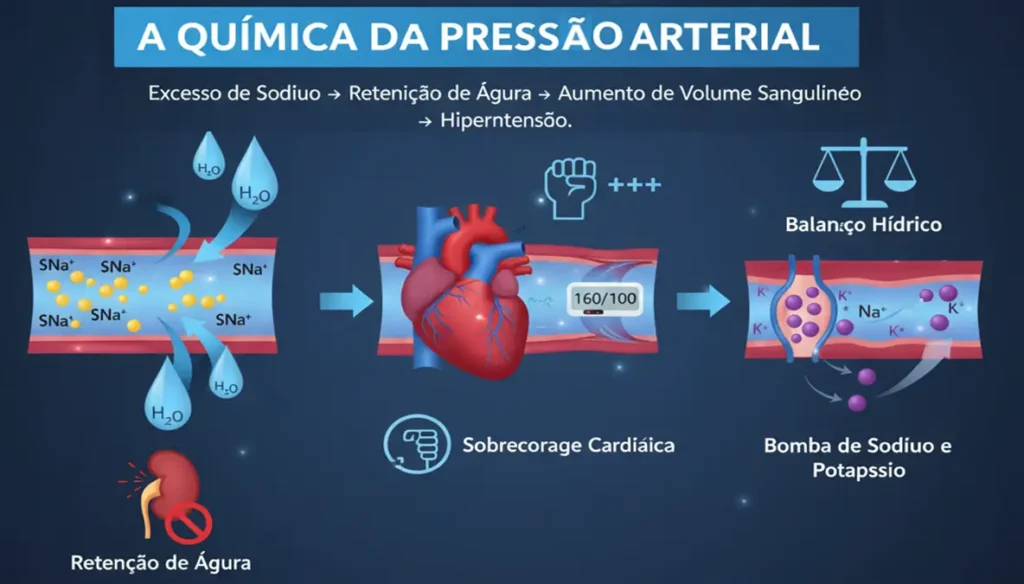 Infográfico: como o sódio causa retenção de água e aumenta a pressão arterial.