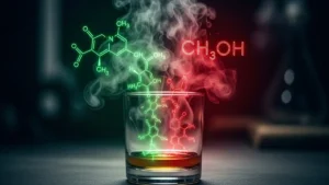 metanol - Representação visual da toxicidade do metanol (vermelho) contrastando com o etanol (verde) em um copo de bebida.