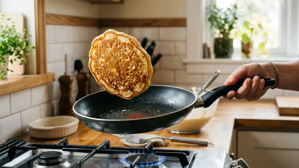 Panqueca de Banana e Aveia: O Café da Manhã Nutritivo e Delicioso 2 Panqueca de banana e aveia sendo cozida na frigideira