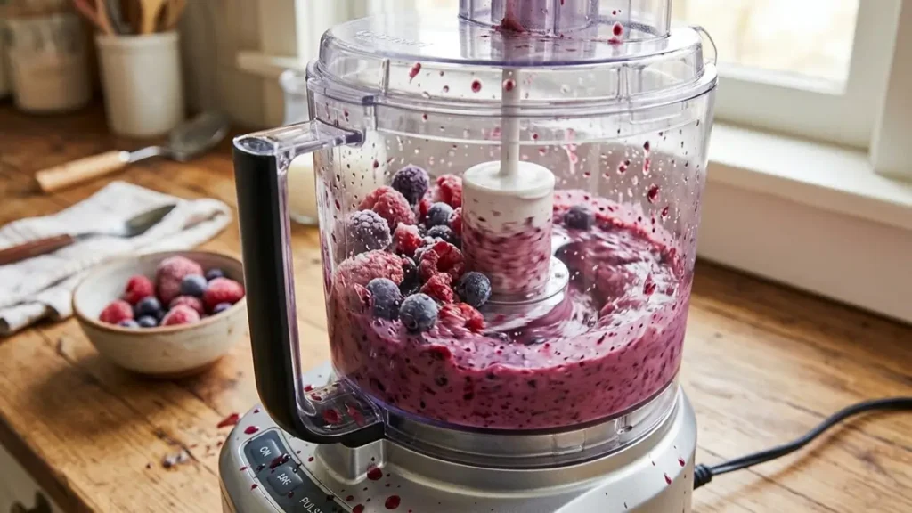 Processador batendo banana congelada para o sorvete saudável de banana e morango