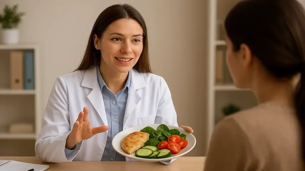 Nutricionista explicando a montagem de um prato saudável equilibrado com vegetais e proteínas magras.