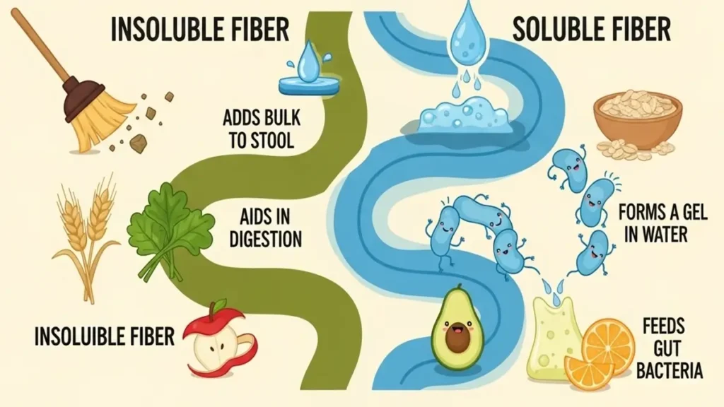 Infográfico comparativo: fibra solúvel vs. insolúvel e suas funções.