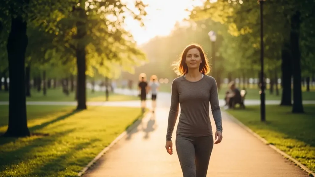 Mulher caminhando em um parque ao entardecer, simbolizando bem-estar e equilíbrio após atividades físicas regulares.