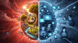 O Que Constrói o Cérebro das Crianças - Ilustração de um cérebro dividido em dois hemisférios, um vermelho vibrante representando construção e outro azul frio representando destruição, com uma criança no fundo.