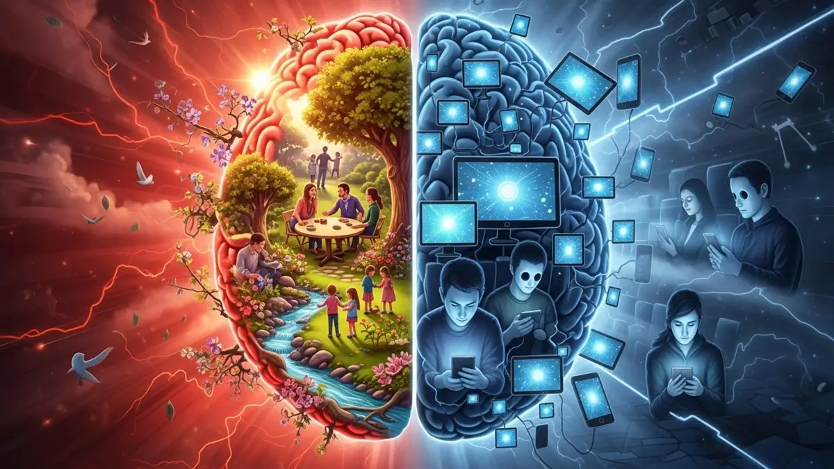 O Que Constrói o Cérebro das Crianças - Ilustração de um cérebro dividido em dois hemisférios, um vermelho vibrante representando construção e outro azul frio representando destruição, com uma criança no fundo.