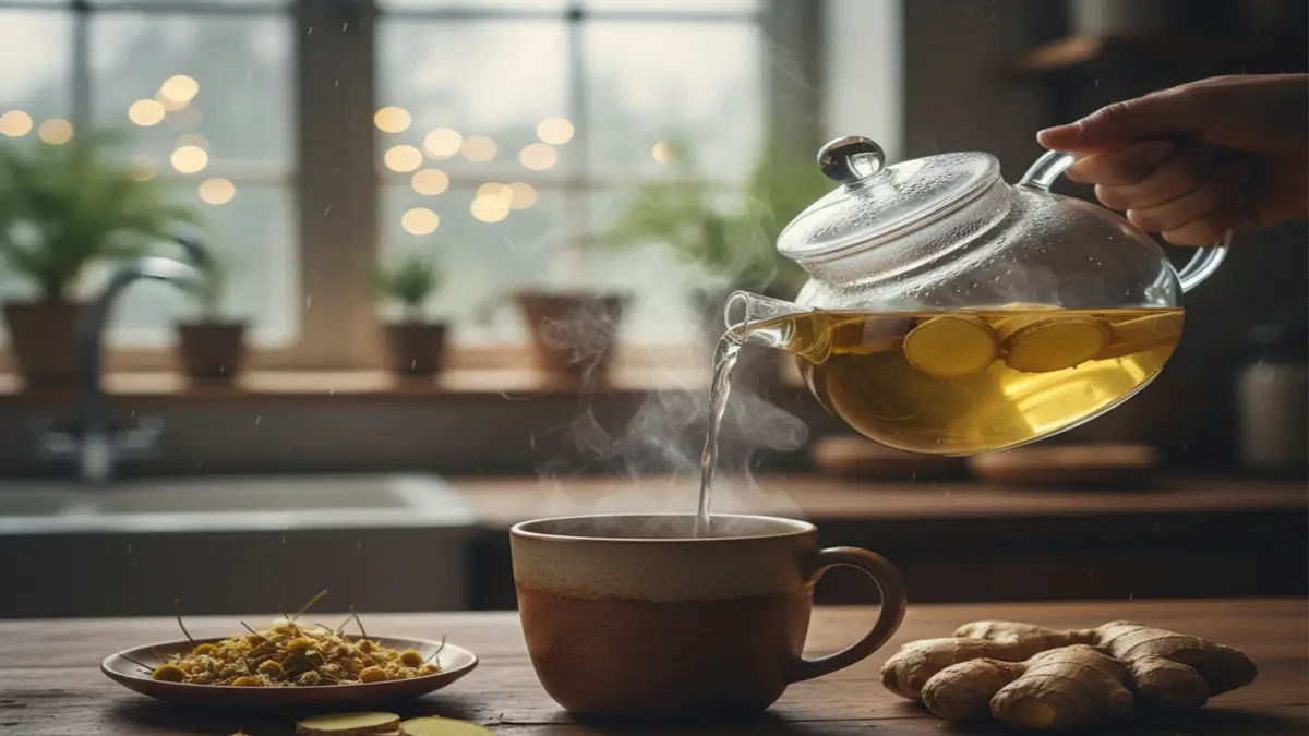 Xícara de chá de camomila e gengibre fumegante com gengibre fresco e flores de camomila.