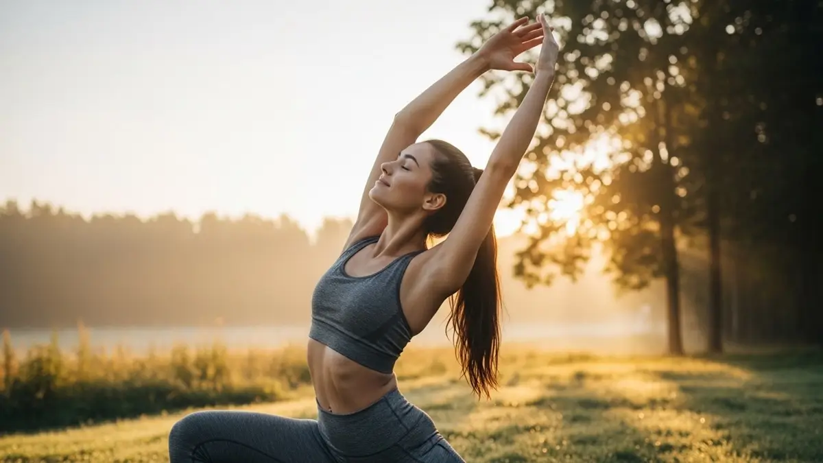 Microhábitos que Transformam sua Saúde - Mulher praticando alongamento ao nascer do sol, representando energia e equilíbrio matinal.