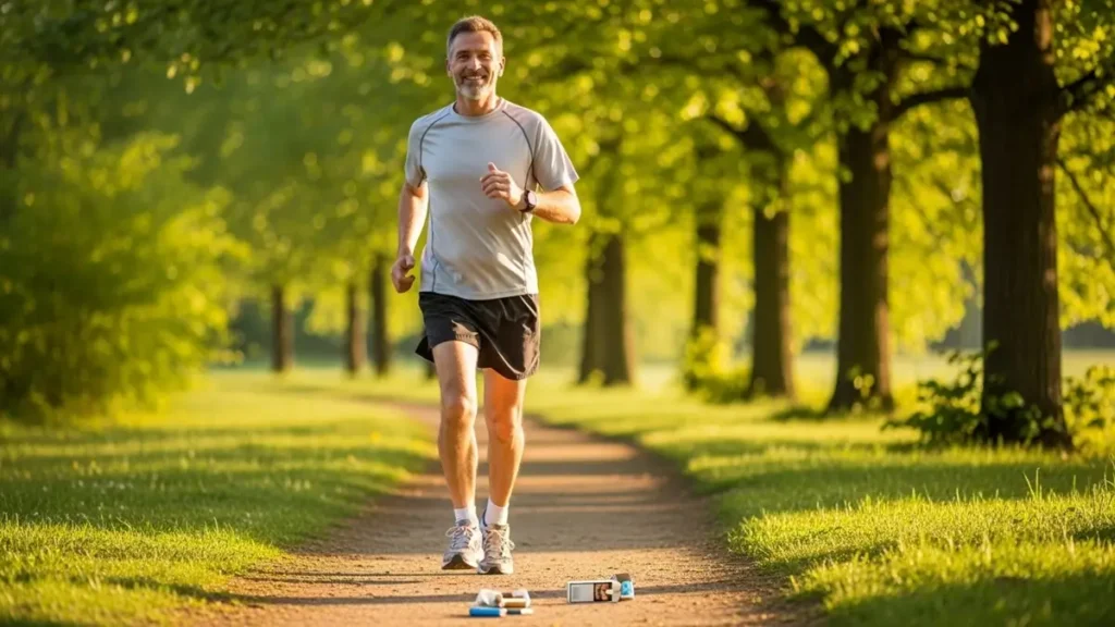 Homem de meia-idade sorridente correndo em trilha de parque ensolarado, com maço de cigarros vazio e isqueiro abandonados no chão, simbolizando superação do tabagismo e recuperação da saúde física