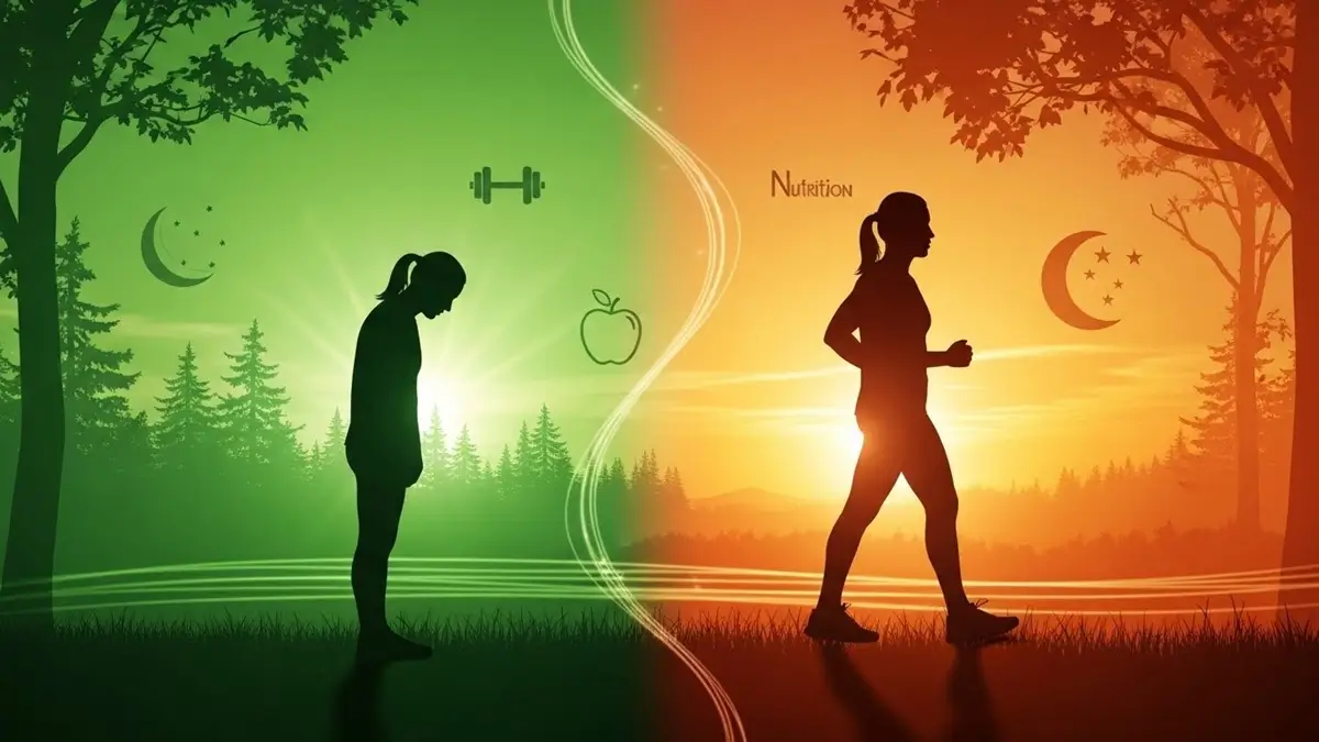 Ilustração mostrando uma pessoa em silhueta observando uma versão mais saudável de si mesma, com elementos de natureza e atividade física ao fundo