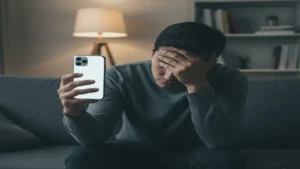 Pessoa estressada olhando o celular, simbolizando Ansiedade Algorítmica e hiperconectividade