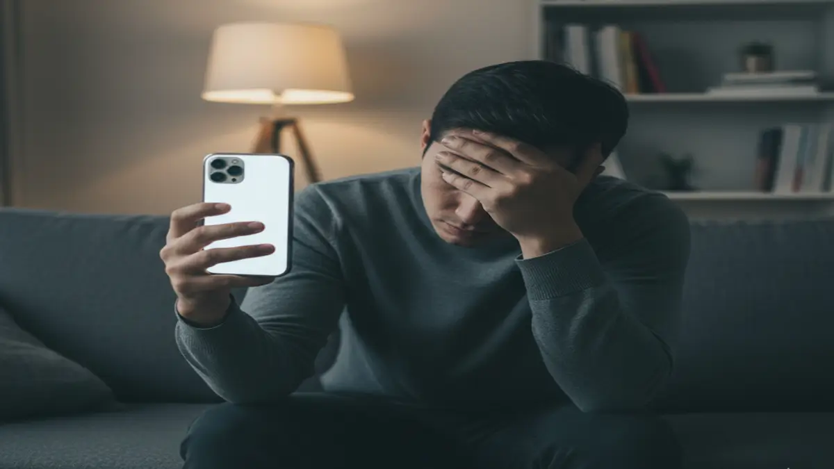 Pessoa estressada olhando o celular, simbolizando Ansiedade Algorítmica e hiperconectividade