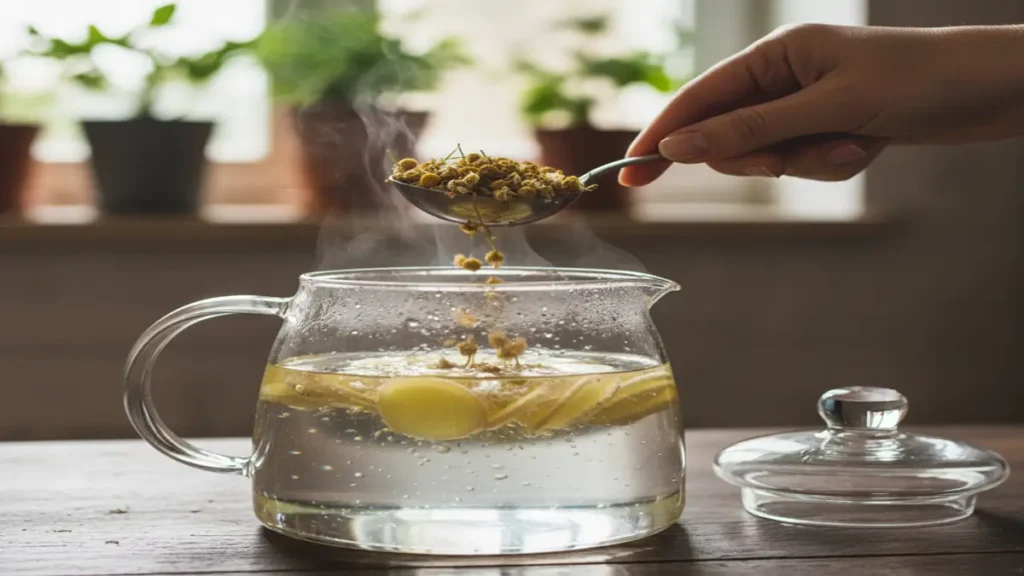 Chá para Cólicas - Gengibre ralado e flores de camomila sendo colocados em água fervente em um bule.