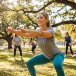 Pessoa de meia-idade sorrindo, praticando exercício funcional ao ar livre, simbolizando longevidade e fitness.