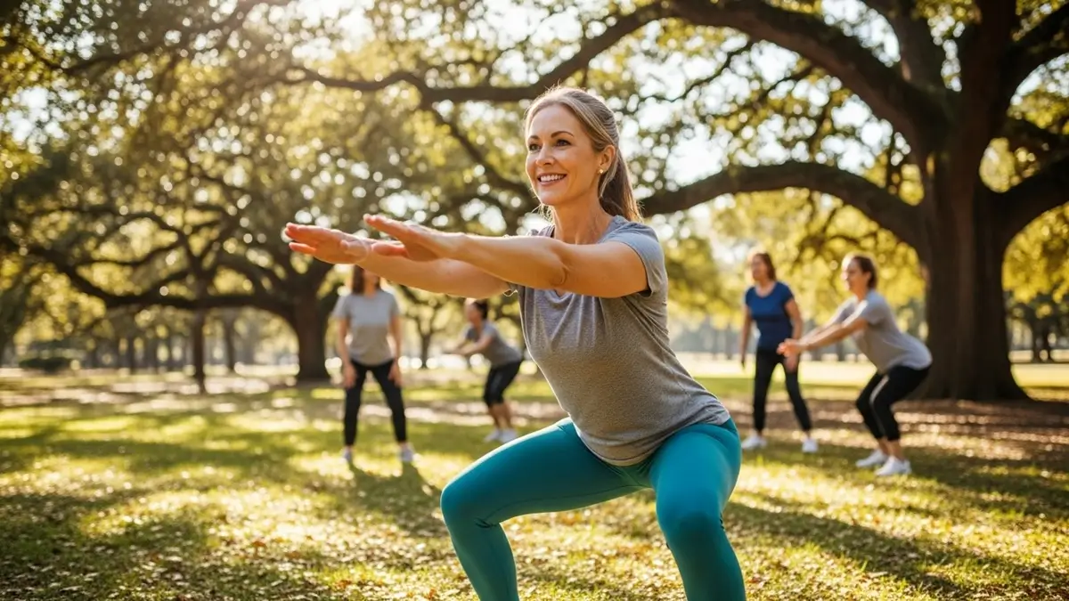 Pessoa de meia-idade sorrindo, praticando exercício funcional ao ar livre, simbolizando longevidade e fitness.