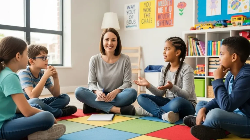 Grupo de adolescentes em roda de conversa com psicóloga sobre saúde mental.