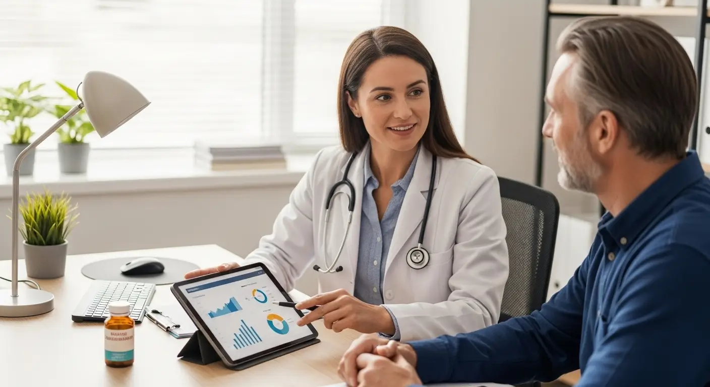 Médica especialista em tabagismo conversando com paciente em consultório moderno, analisando gráficos de progresso em tablet com frasco de medicamento para cessação visível sobre a mesa, ambiente de confiança e apoio terapêutico