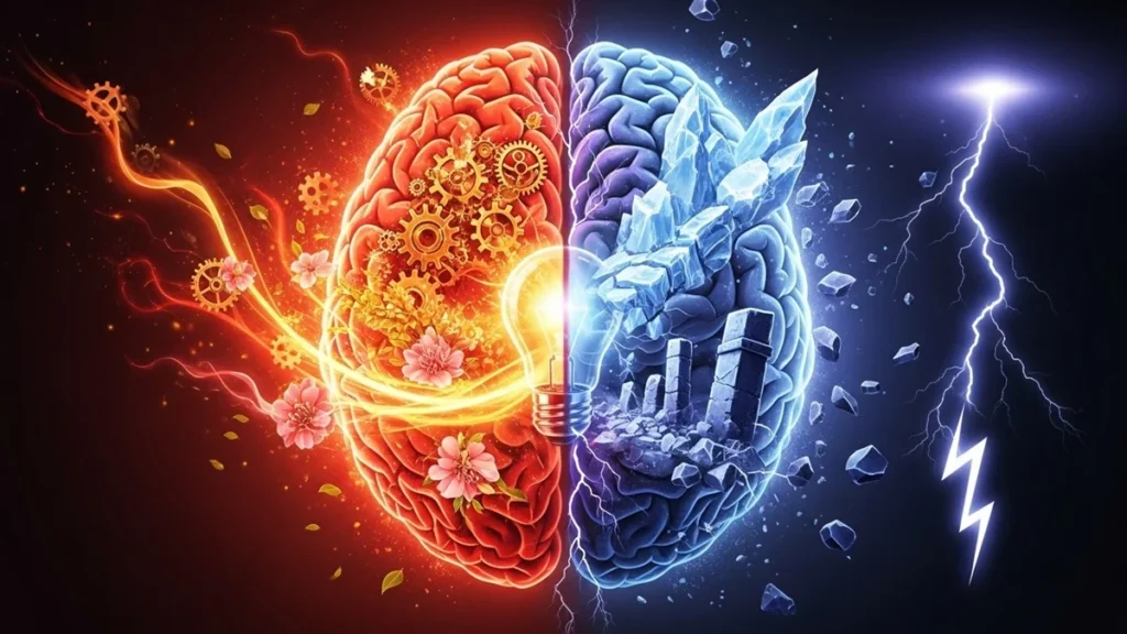 Um cérebro dividido: um lado vermelho, vibrante, construtivo; o outro azul, frio, destrutivo