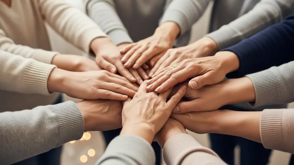 Mãos unidas representando solidariedade e redes de apoio à saúde mental infantojuvenil.