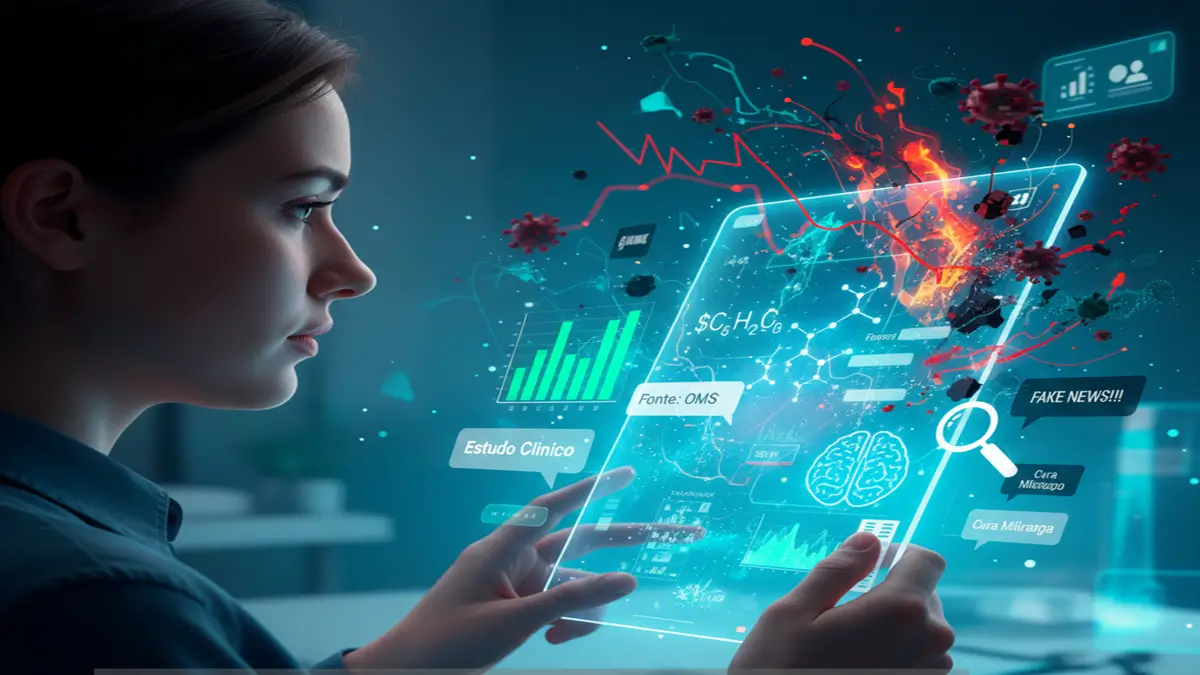 Ilustração de uma pessoa filtrando informações de saúde online, destacando a literacia em saúde digital.