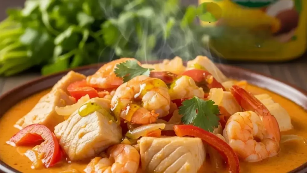 Porção de Moqueca Saudável de peixe e camarão, temperada com coentro, evidenciando o baixo dendê e o alto Ômega-3.
