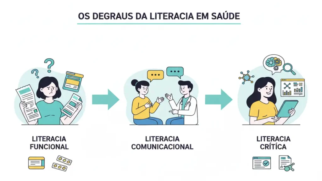 Infográfico explicando os níveis de literacia em saúde: funcional, comunicacional e crítica.