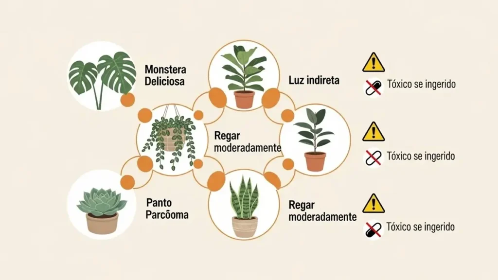 Infográfico vertical com sete ícones de plantas (erva-de-são-joão, ginkgo, alho, etc.) e símbolos de interação perigosa com pílulas
