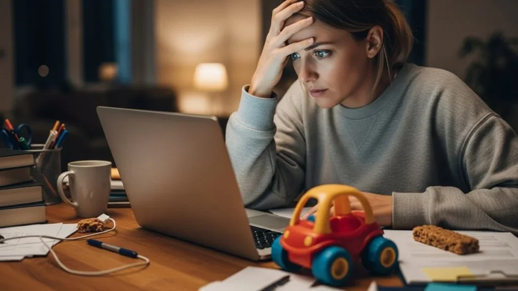 Mulher estressada trabalhando em home office com brinquedos ao redor, representando o Burnout feminino e a carga mental excessiva.