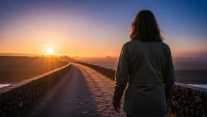 Saúde Mental Feminina - Mulher caminhando em uma ponte ao amanhecer, representando as transições de vida e a busca por equilíbrio na saúde mental feminina.