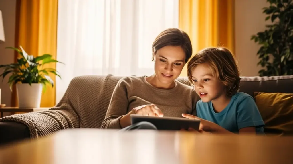 Segurança Digital para Crianças e Adolescente - Mãe e filha sentadas lado a lado em um sofá, olhando para um tablet com ícones de redes sociais, sorrindo e conversando.