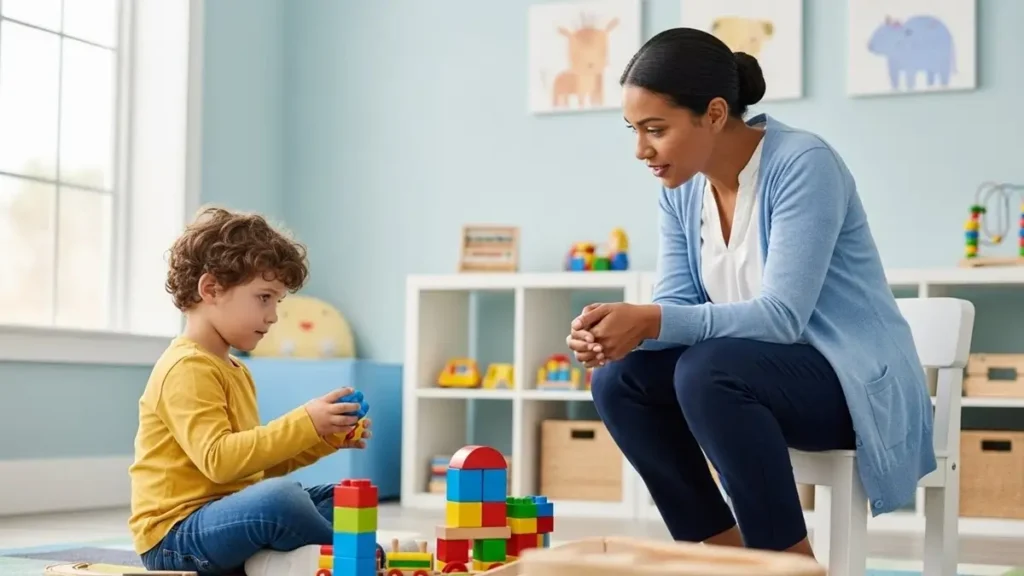 Criança brincando com profissional observando sinais de desenvolvimento e interação.