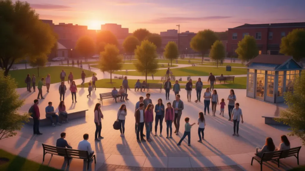 Praça comunitária com biblioteca, jogos e interações sociais entre diferentes idades, ilustrando infraestrutura social que reduz o isolamento.