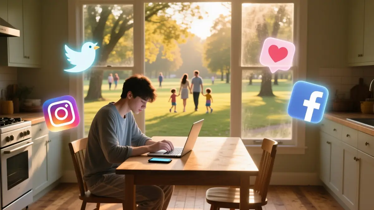 Jovem adulto sozinho em casa, olhando para o celular enquanto pessoas conversam ao ar livre visíveis através da janela, simbolizando isolamento apesar da hiperconexão digital.