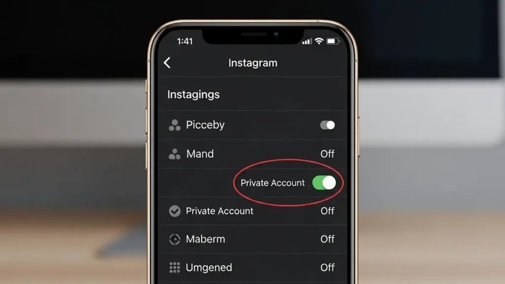 Tela do aplicativo Instagram mostrando a opção “Conta privada” ativada, com fundo azul claro e ícone de cadeado visível.