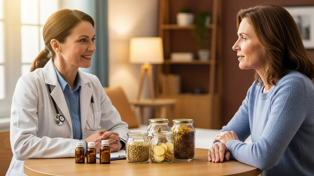 Médico idoso sorrindo enquanto conversa com paciente, com frascos de remédios e potes de ervas medicinais na mesa entre eles