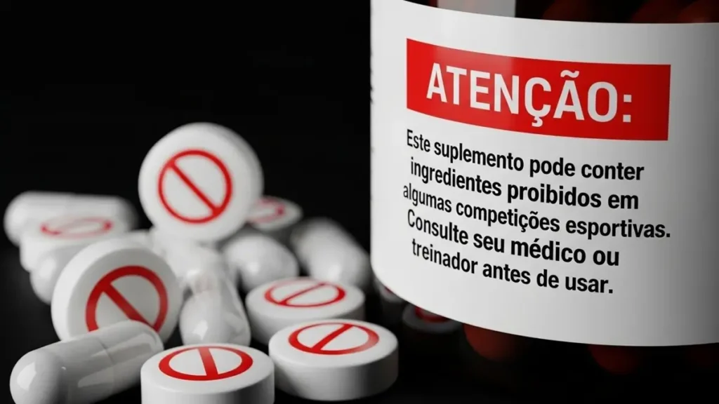 Frasco transparente com cápsulas de erva-de-são-joão e sobreposição de símbolo vermelho de proibição sobre pílulas brancas