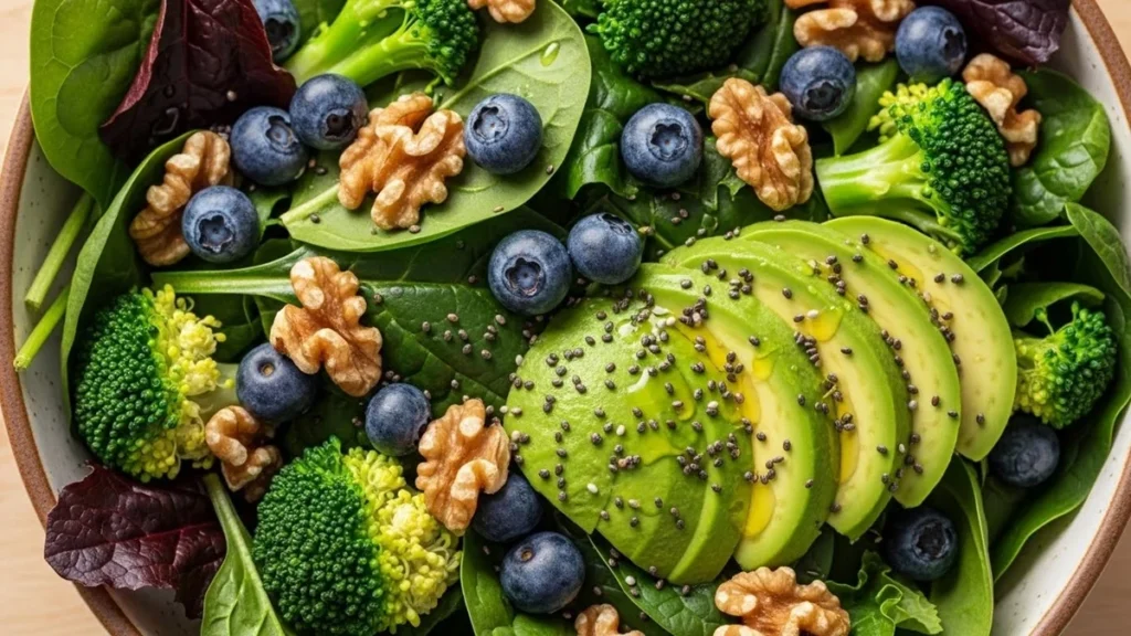 Tigela colorida de salada com mirtilos, abacate e folhas verdes.