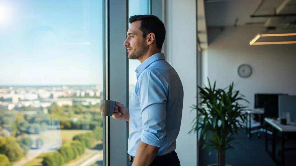 Homem em momento de pausa no escritório olhando pela janela, ilustrando o equilíbrio mental e o combate ao burnout silencioso.