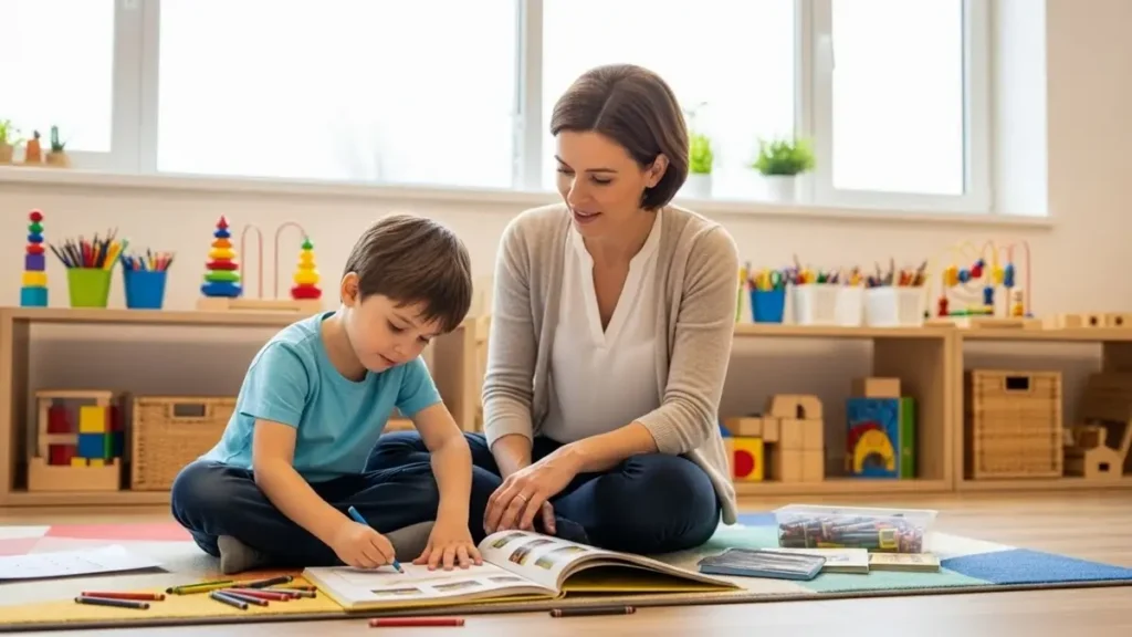 Interação lúdica em avaliações de desenvolvimento infantil.  Criança brincando com profissional