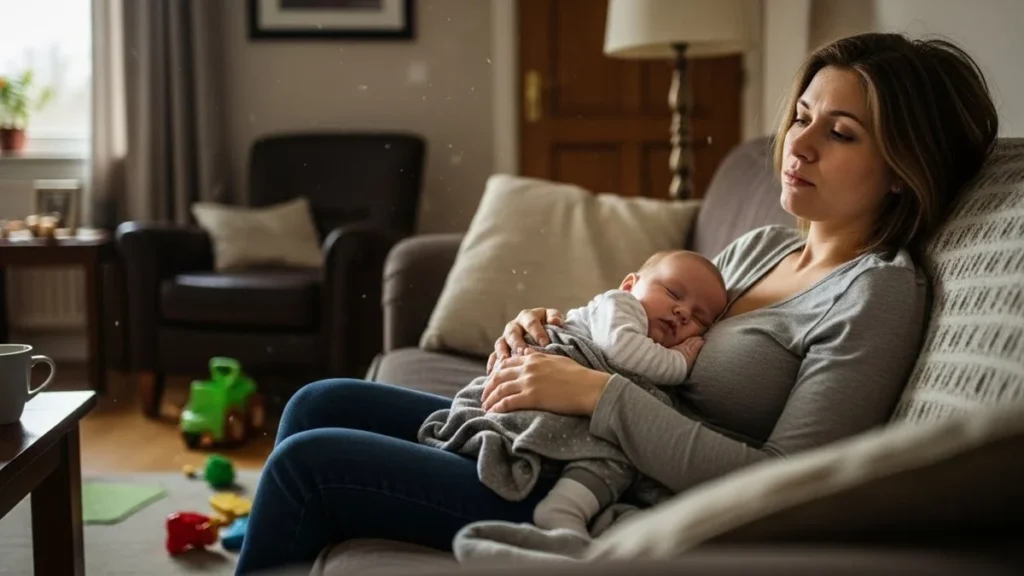 Saúde Mental Feminina - Mãe com expressão de cansaço segurando um bebê, ilustrando os desafios reais da saúde mental materna e a desconstrução da identidade.