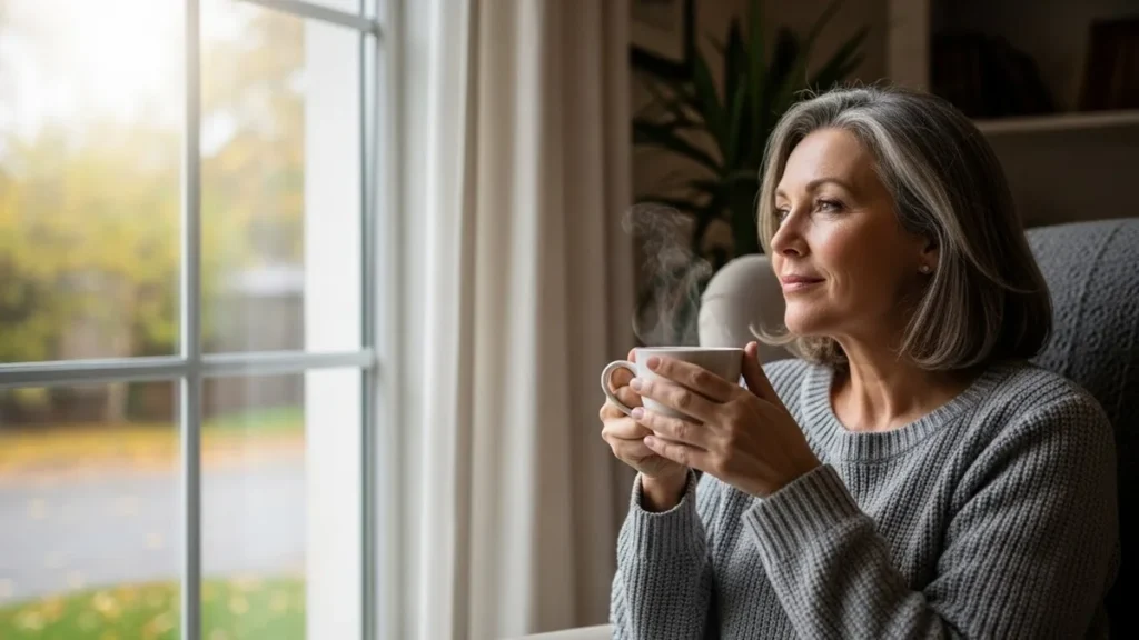 Mulher de meia-idade em momento de autocuidado e reflexão, ilustrando a gestão do climatério e da menopausa com serenidade.
