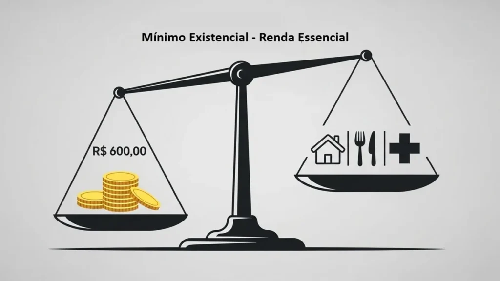 Balança em equilíbrio com o valor de R$ 600,00 de um lado e ícones de necessidades básicas do outro, representando o Mínimo Existencial.
