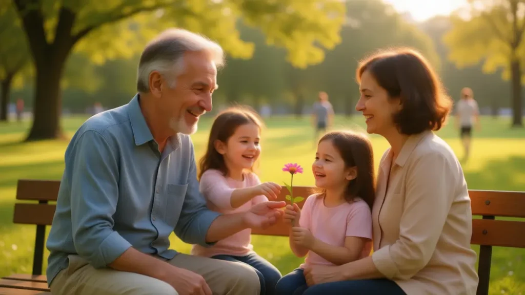 Avô, filha e neta se conectam emocionalmente em um parque, representando os laços intergeracionais que combatem o isolamento social.