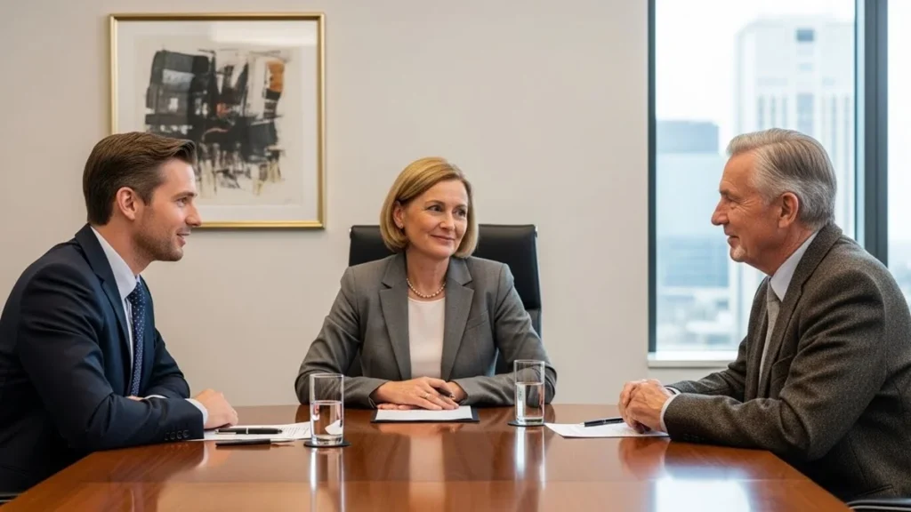 Proteção Financeira 60+ - Ilustração de uma audiência de conciliação judicial, mostrando um idoso renegociando dívidas com credores sob a supervisão de um mediador.