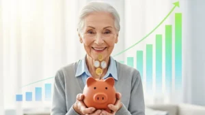 Idosa sorrindo segurando um cofrinho, simbolizando a proteção e segurança financeira garantida pela Lei do Superendividamento.