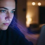 Protetor Solar Dentro de Casa - Mulher em frente ao laptop, com luz azul emanando da tela. Demonstra o estresse oxidativo e o risco de melasma e envelhecimento causado pela luz azul em ambientes internos.