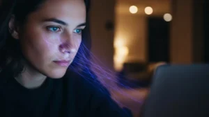 Protetor Solar Dentro de Casa - Mulher em frente ao laptop, com luz azul emanando da tela. Demonstra o estresse oxidativo e o risco de melasma e envelhecimento causado pela luz azul em ambientes internos.