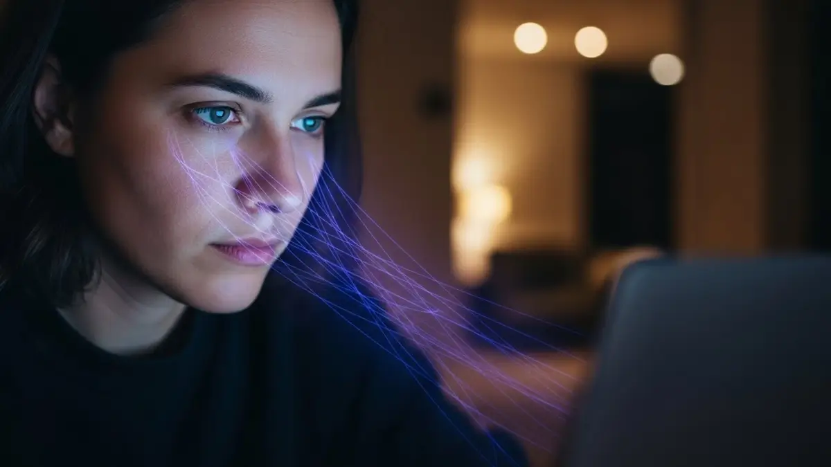 Protetor Solar Dentro de Casa - Mulher em frente ao laptop, com luz azul emanando da tela. Demonstra o estresse oxidativo e o risco de melasma e envelhecimento causado pela luz azul em ambientes internos.